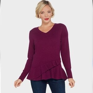 Isaac Mizrahi Live 100% Cashmere V-Neck Ruffle Peplum Sweater Vivid Plum S NWOT